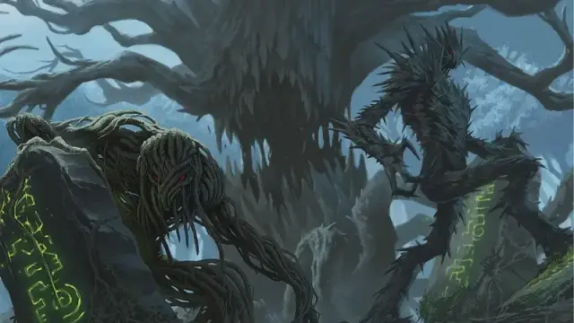 Official D&D artwork featuring sinister plant creatures with glowing runes emerging from an haunted forest.