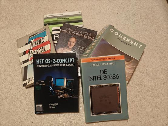 A small pile of older computer books on a white floor. The books are:
- the Coherent unix manual
- Ti99/4A manual in Dutch
- Turbo Pascal Complete by Jeff Duntemann in Dutch
- The OS/2 Concept by Letwin in Dutch
- The intel 386 by Leventhal in Dutch
- The pink shirt book in Dutch