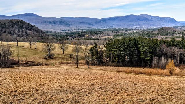 A soft blue sky with streaky white clouds. Looking down from a spot at the top of a sloping field high on a mountainside across wooded foothills to a long narrow valley below. It is early spring and the field has been mowed at the end of the most recent growing season. Small clumps of straw are strewn throughout the short golden brown grass. A grassy track winds gracefully along the bottom edge of this field and then descends through two lower fields that appear to be pastures. They are divided by a fence line and a parallel line of trees a few feet away. The short grass in these fields is beginning to turn green. There are glimpses of a few more distant fields, but most of the scene is covered with a forest split almost equally between evergreens and leafless hardwoods. The long valley is mostly wooded with strips of fields and a few buildings visible. Beyond that is a long, forested mountain range rising hundreds of feet above the valley. Several rounded peaks are visible.
