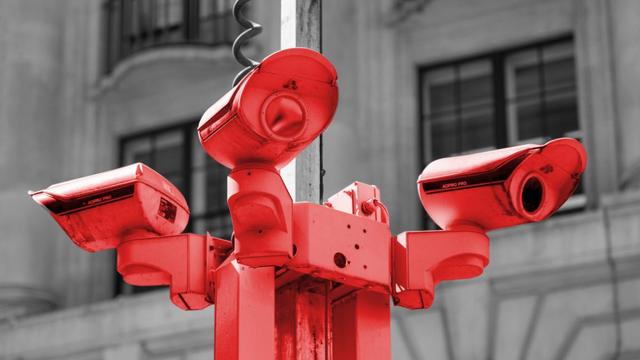 A colorized photo of CCTV cameras in London, 2024.