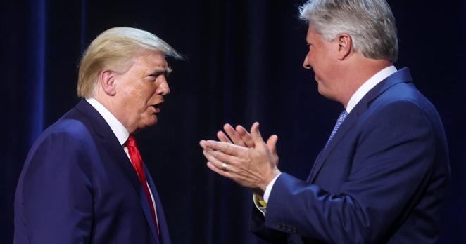U.S. President Donald Trump is greeted by Pastor Robert Morris as he arrives for a roundtable discussion with members of the faith community, law enforcement and small business at Gateway Church Dallas Campus in Dallas, Texas, on June 11, 2020.
