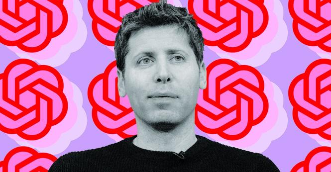 Photo collage of Sam Altman in front of the OpenAI logo.