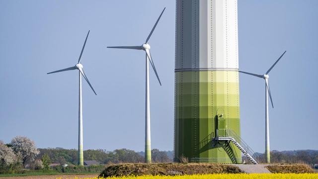 Windkraftwerke und Windpark in einem blühenden Rapsfeld bei Kerken am Niederrhein.