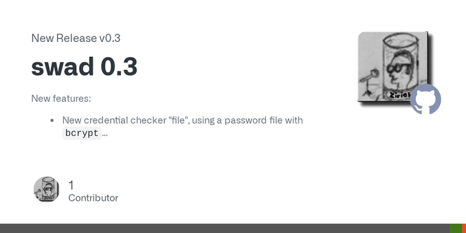 New features:

New credential checker "file", using a password file with bcrypt
hashes
New tool "swadpw", for editing password files

Improvements:

[Performance] Support epoll, kqueue and poll in ...