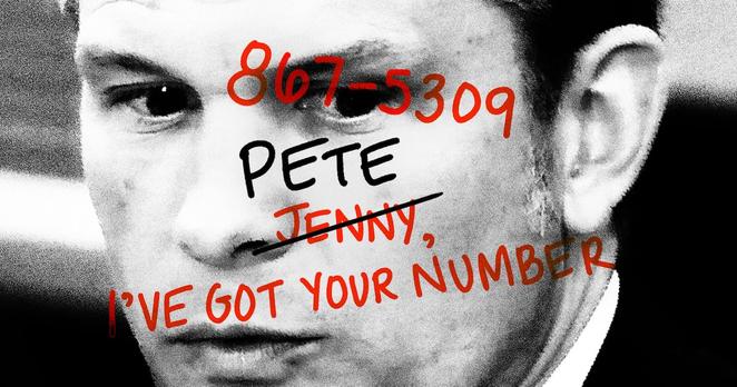Black and white photo of Pete Hegseth with the lyrics from the Tommy Tutone lyrics, "867-5309, Jenny, I've got your number" with "Jenny" crossed out and replaced by "Pete" Black and white photo of Pete Hegseth with the lyrics from the Tommy Tutone lyrics, "867-5309, Jenny, I've got your number" with "Jenny" crossed out and replaced by "Pete"