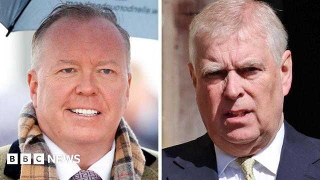 Composite image of two headshots. Doug Barrowman is on the left, smiling. He wears a checked beige scarf and a white shirt and lilac tie. On the right, Prince Andrew wears a dark suit, white shirt and yellow tie, with a serious face