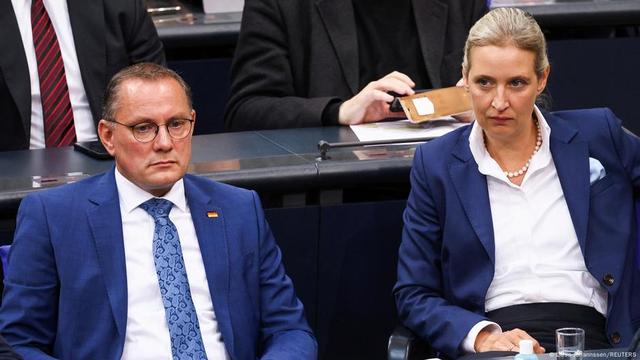 Alternative for Germany (AfD) party co-leaders Tino Chrupalla and Alice Weidel attend a session of the lower house of parliament Bundestag on the 2025 budget, in Berlin, Germany, September 11, 2024