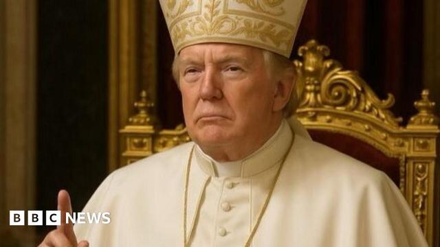The image features Trump wearing a white cassock and pointed miter, traditionally worn by a bishop. He wears a large cross around his neck, and has his finger held up, with a solemn facial expression.