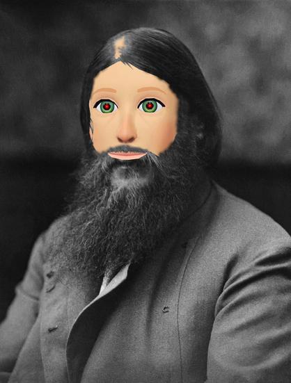 A portrait of a bearded, glaring Rasputin. His face has been replaced with Mark Zuckerberg's metaverse avatar; the pupils of the avatar's eyes have been replaced with the glaring red eye of HAL 9000 from Kubrick's '2001: A Space Odyssey.'   Image: Cryteria (modified) https://commons.wikimedia.org/wiki/File:HAL9000.svg  CC BY 3.0 https://creativecommons.org/licenses/by/3.0/deed.en  