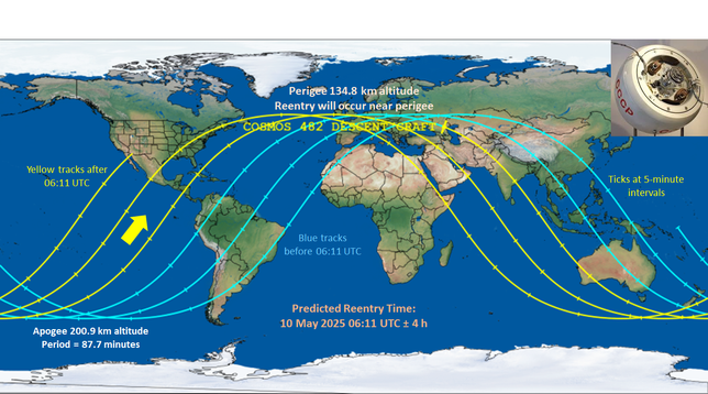 World map with tracks of the spacecraft over 6 orbits in the 8 hour window.