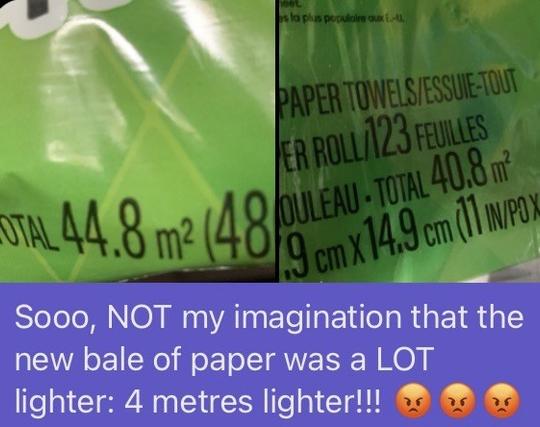 Two paper towel bales with the total square metres of each listed. The package sizes are identical but one is physically lighter to carry. The older package notes 44.8m^2 whilst the newer package notes 40.8m^2.

IOW, four metres of paper towel gone. Price remains the same at ~$30/bale.

My comment below these images: Sooo, NOT my imagination that the new bale of paper was a LOT lighter: 4 metres lighter!!!