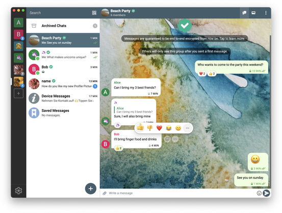 Screenshot of the main interface of Delta Chat.
Showing; profiles overview, chat overview and a chat thread.