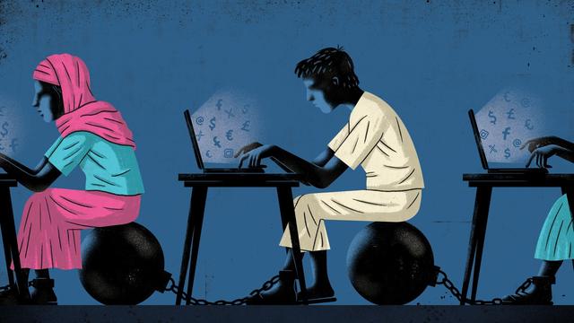 An illustration depicting three figures, chained to heavy balls, seated at desks with laptops. The figure on the left, wearing a pink hijab and a turquoise shirt, looks focused at her screen displaying various currency symbols. The central figure, dressed in a white outfit, is intently typing while looking down at his laptop, which also shows finance-related icons. The third figure, similarly chained and in casual...