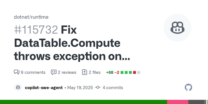 Issue
DataTable.Compute() throws IndexOutOfRangeException when evaluating expressions that contain NOT= as a not-equals operator, such as &quot;true NOT= false&quot;.
Root Cause
The expression pars...