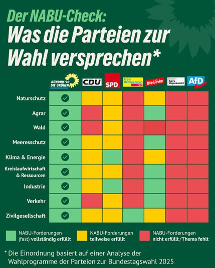 Eine Tabelle zeigt einen Vergleich der Positionen verschiedener Parteien zu Umweltthemen. 
Die Tabelle listet verschiedene Bereiche der Parteien auf: 

Naturschutz, Agrar, Wald, Meeresschutz, Klima & Energie, Kreislaufwirtschaft & Ressourcen, Industrie, Verkehr und Zivilgesellschaft. Die Parteien sind in den Spalten aufgeführt und zeigen die Ergebnisse der Analyse.

Hier sind die Ergebnisse:
Erfüllung der NABU-Forderungen 
Bündnis 90/Die Grünen = 9 von 9
Die Linke = 5 von 9
SPD = 2 von 9
FDP = 1 von 9
CDU, BSW, AFD = 0 von 9