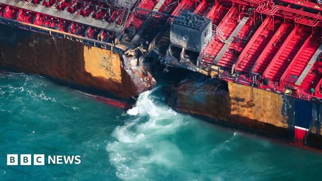 Part of the red Stena Immaculate ship which is damaged and letting water in. Part of the red Stena Immaculate ship which is damaged and letting water in.