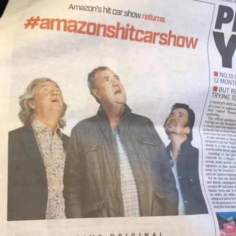 the guys from the grand tour looking up at a headline that says: Amazon's hit car show returns. #amazonshitcarshow