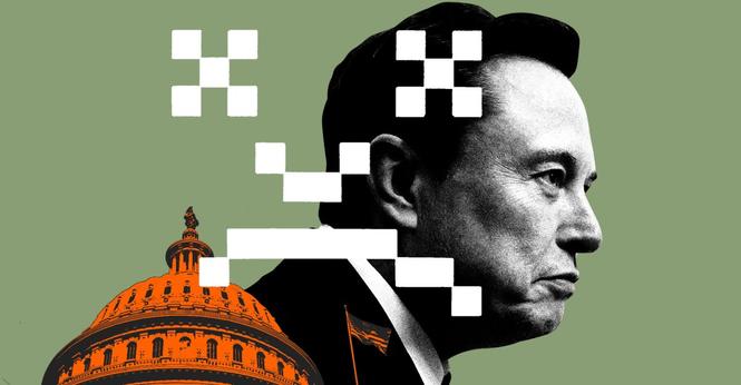 Digital photo illustration of Elon Musk overlayed with the Sad Mac face and an image of Congress.