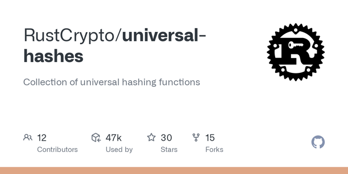 Collection of universal hashing functions. Contribute to RustCrypto/universal-hashes development by creating an account on GitHub.