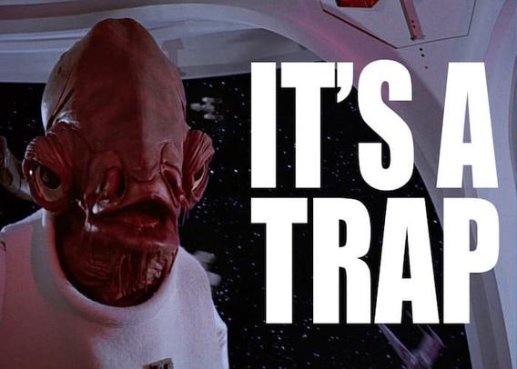 "It's a Trap" shouted by Admiral Ackbar from Star Wars. Ackbar is a species call the Mon Calamari and are humanoid, bipedal beings from a water world. Their heads resemble a squid's.
