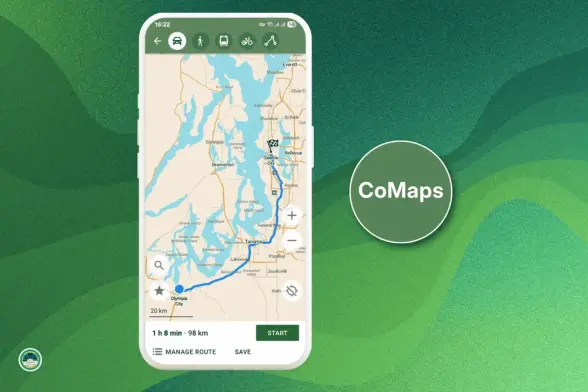 A smartphone displaying a detailed map with a blue route highlighted, indicating a journey of 1 hour and 8 minutes, labeled "CoMaps".