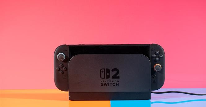 A photo of the Nintendo Switch 2 in its charging dock.