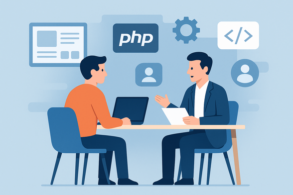 A flat-style digital illustration of a PHP developer being interviewed, with code and UI icons in the background. A flat-style digital illustration of a PHP developer being interviewed, with code and UI icons in the background.