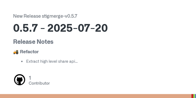Release Notes
🚜 Refactor

Extract high level share api



Install stigmerge 0.5.7
Install prebuilt binaries via shell script
curl --proto '=https' --tlsv1.2 -LsSf https://github.com/cmars/stigmerge...