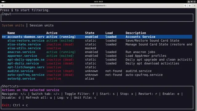 Terminal interface displaying system unit statuses on Debian, highlighting active services and their states with shortcut keys listed below.