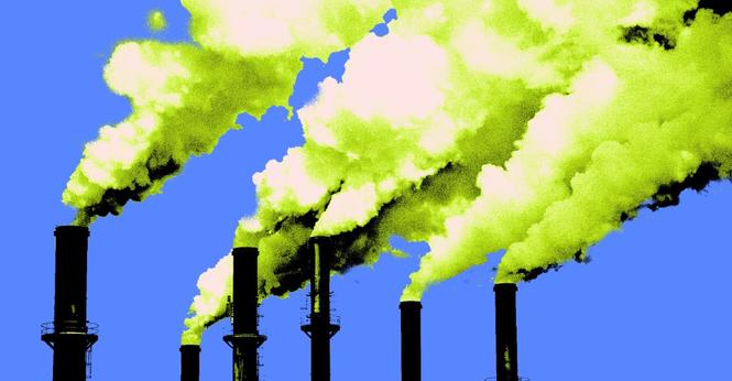 Art depicts pollution coming out of smokestacks.