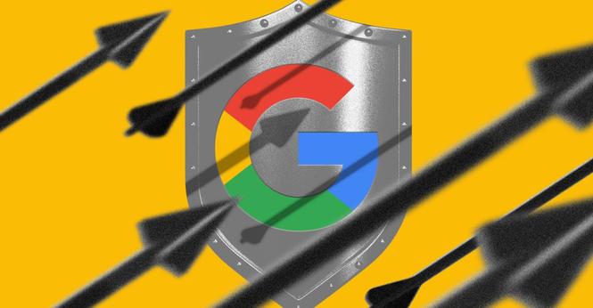 An image of Google’s logo on a shield with arrows flying by