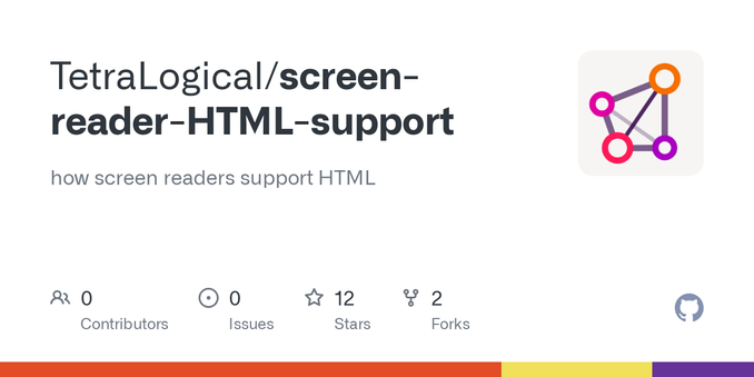 how screen readers support HTML. Contribute to TetraLogical/screen-reader-HTML-support development by creating an account on GitHub.