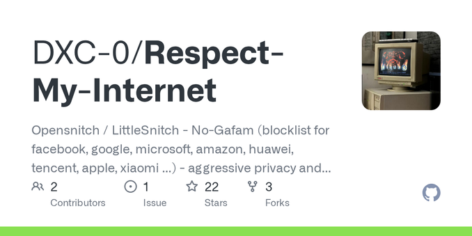Opensnitch / LittleSnitch - No-Gafam (blocklist for facebook, google, microsoft, amazon, huawei, tencent, apple, xiaomi ...)  - aggressive privacy and protection  (trackers, spywares, malwares, cti...