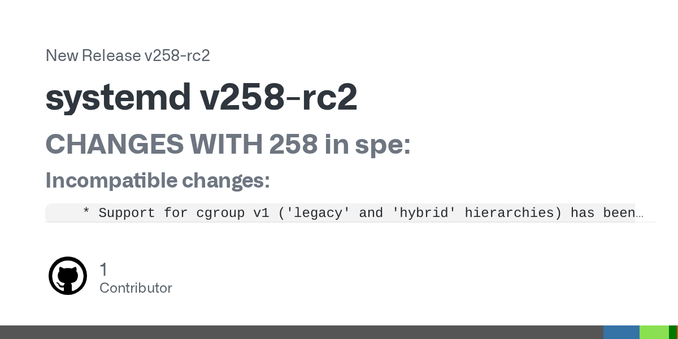 CHANGES WITH 258 in spe:
Incompatible changes:
* Support for cgroup v1 ('legacy' and 'hybrid' hierarchies) has been
removed. cgroup v2 ('unified' hierarchy) will always be mounted
d... CHANGES WITH 258 in spe:
Incompatible changes:
* Support for cgroup v1 ('legacy' and 'hybrid' hierarchies) has been
removed. cgroup v2 ('unified' hierarchy) will always be mounted
d...