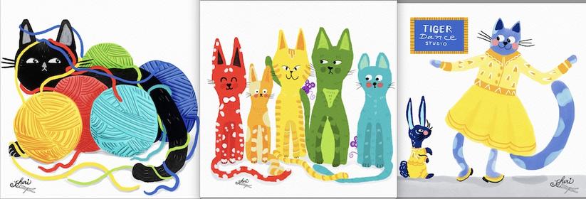 three art projects from Terry Runyan classes: Cat with Yarn; Cat Rainbow; Tiger Dance Studio