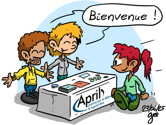 Deux bénévoles derrière un stand April accueillent à bras ouvertes et en disant d'une seule voix « bienvenue ! » une personne visitant le stand April ; illustration de Gee https://ptilouk.net/, licence Creative Commons CC BY-SA 2.0