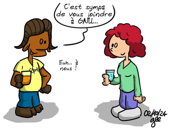 Un personnage à l'aspect d'un gnou anthropomorphe accueille une personne venue pour la Rencontre April : « C'est sympa de vous joindre à GNU…Euh…à nous ! » ; illustration de Gee https://ptilouk.net/, licence Creative Commons CC BY-SA 2.0