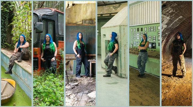 6 photos of me in abandoned buildings all over the world, in a 16:9 series of panels. From left to right; swimming pool, old bus, abandoned school, abandoned power plant, another abandoned power plant, and an old lime kiln 