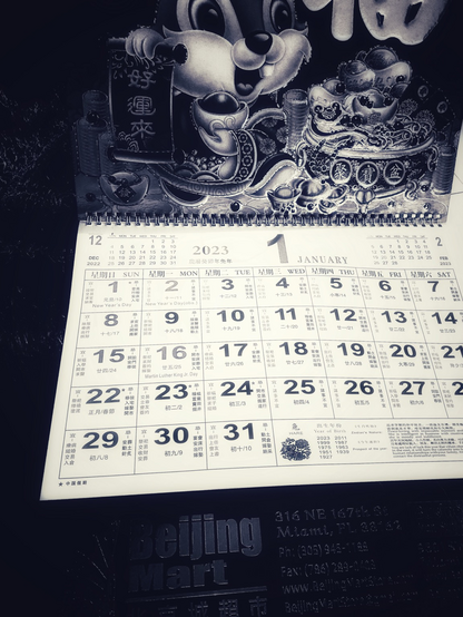 Calendar from Asian grocery store. The page is on January and each day has many information such as “it’s a good day “ or “so-so lucky day” etc.