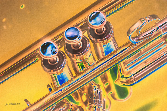 Close up abstract art of trumpet keys in gold
