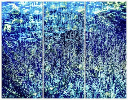 Bold blue and green hues in this abstract created from a close up photograph of an icy pond with frozen air bubbles creating an interesting pattern in the ice. 