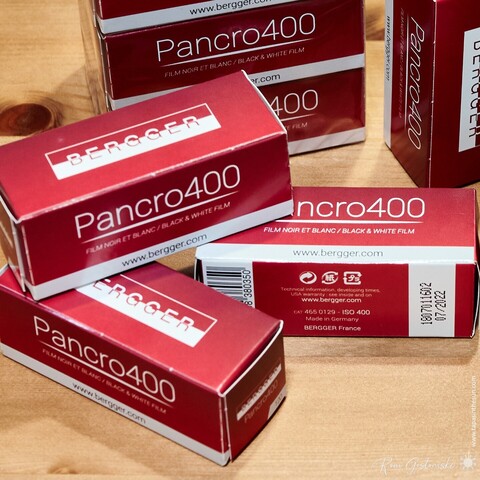 Five boxed rolls of 120 Bergger Pancro 400 film.