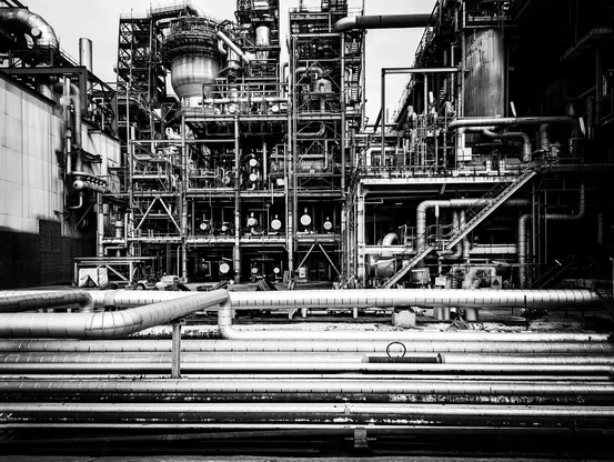 A black and white photograph of an oil refinery showing pipes, tanks and other steel structure.