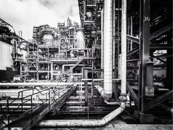 A black and white photo of an oil refinery showing a series of pipes, tanks, and other steel structure.