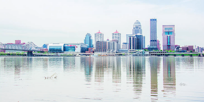 Digitally painted photo of Louisville Kentucky cityscape reflecting on the river
