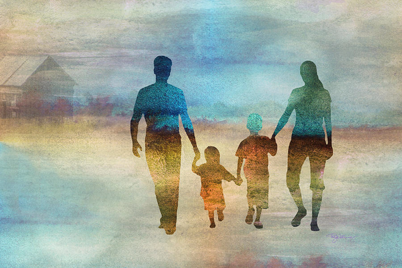 Abstract Watercolor image silhouette of a young family walking towards the farm. Brown and blue and gold tones