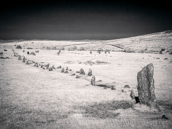 A double row of mainly small stones runs from a larger stone at bottom right towards top left. Another similar row is visible in the background.