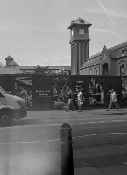 A 6x4.5 120 medium format black and white film photo of Wigan Market Clock Tower