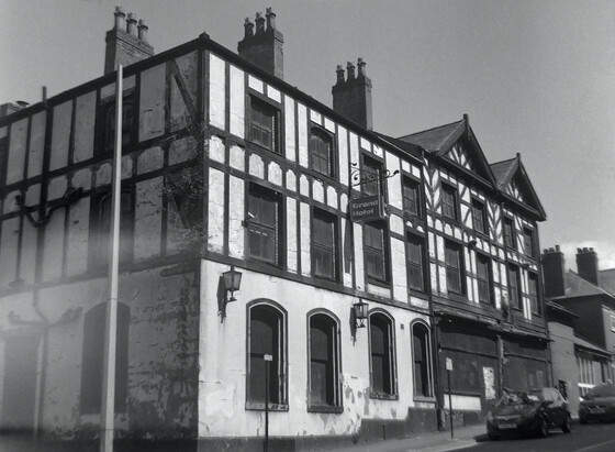 A 6x4.5 120 medium format black and white film photo of the derelict Grand Hotel, Wigan