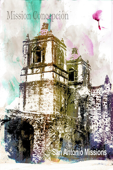 Digitally painted original image of a mission in San Antonio Texas utilizing watercolor style effects 